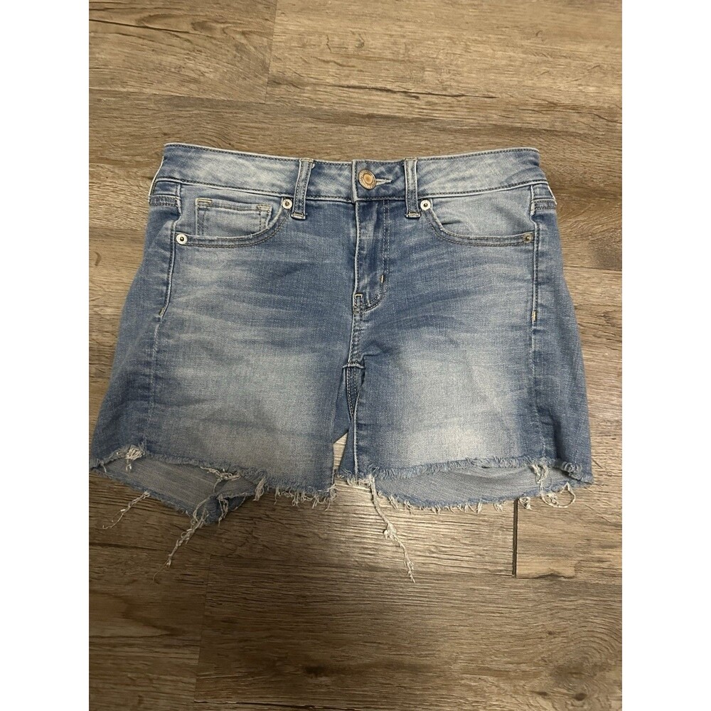 American Eagle Outfitters‎ Womens Midi Denim Shorts Size 2 Distressed Frayed